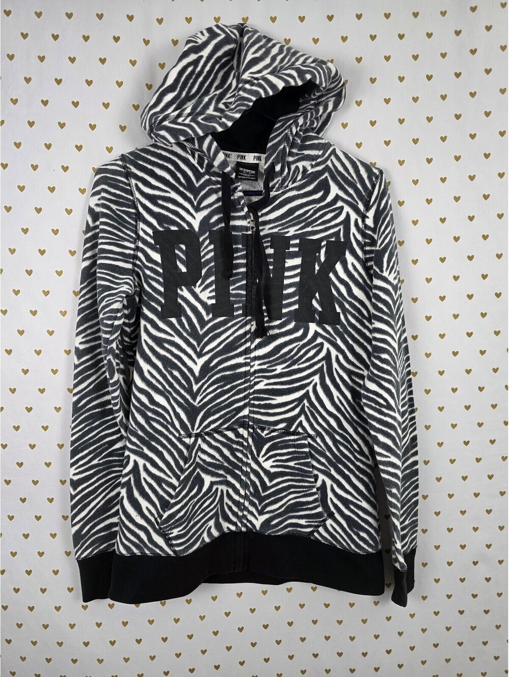 Victoria’s Secret PINK Zebra Print Full Zip Hoodie Black White XS Logo